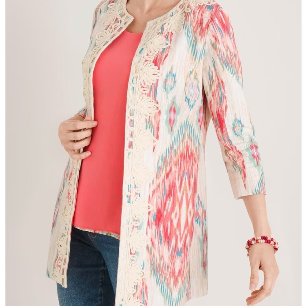 Chico's Linen Ikat Open Cardigan Size 2 (12/14) Soutache Trim Southwestern Aztec